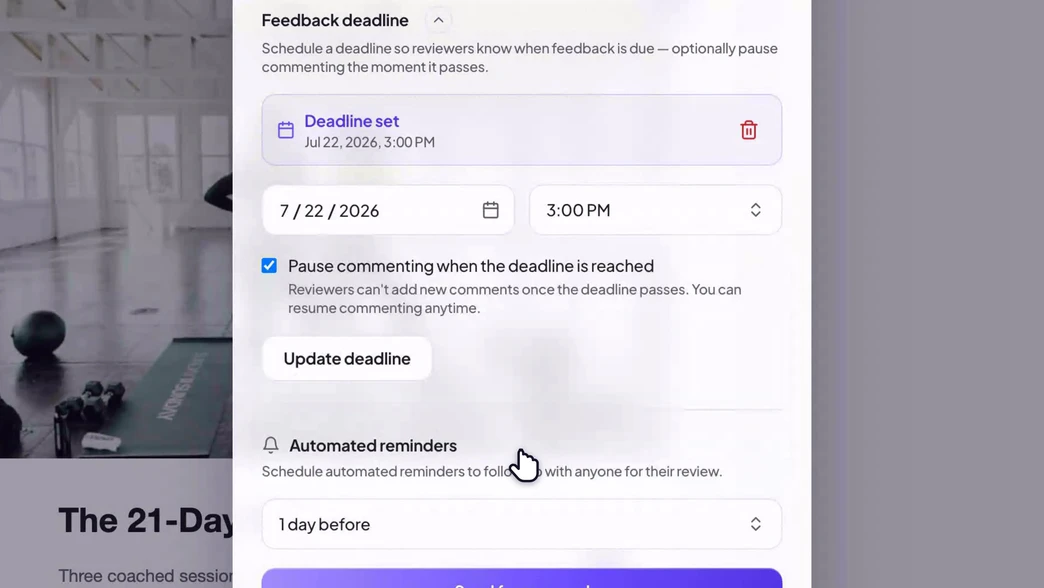 Sending a campaign for approval: adding two teammates as reviewers, a message, a deadline, and an automated reminder