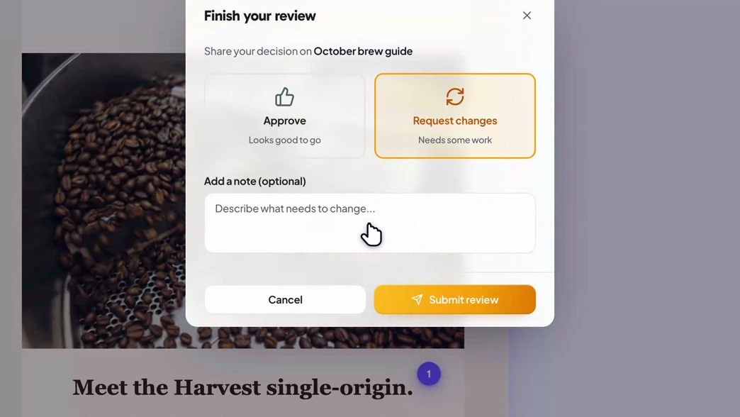 A guest opening a review link, entering a name, leaving a comment, and requesting changes — no account