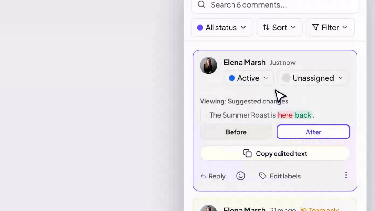 With Proofel: a reviewer clicks the email and pins a comment exactly where it belongs
